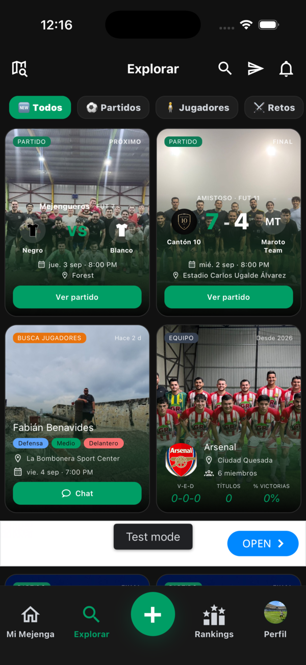 Partidos, jugadores, equipos y retos cerca tuyo
