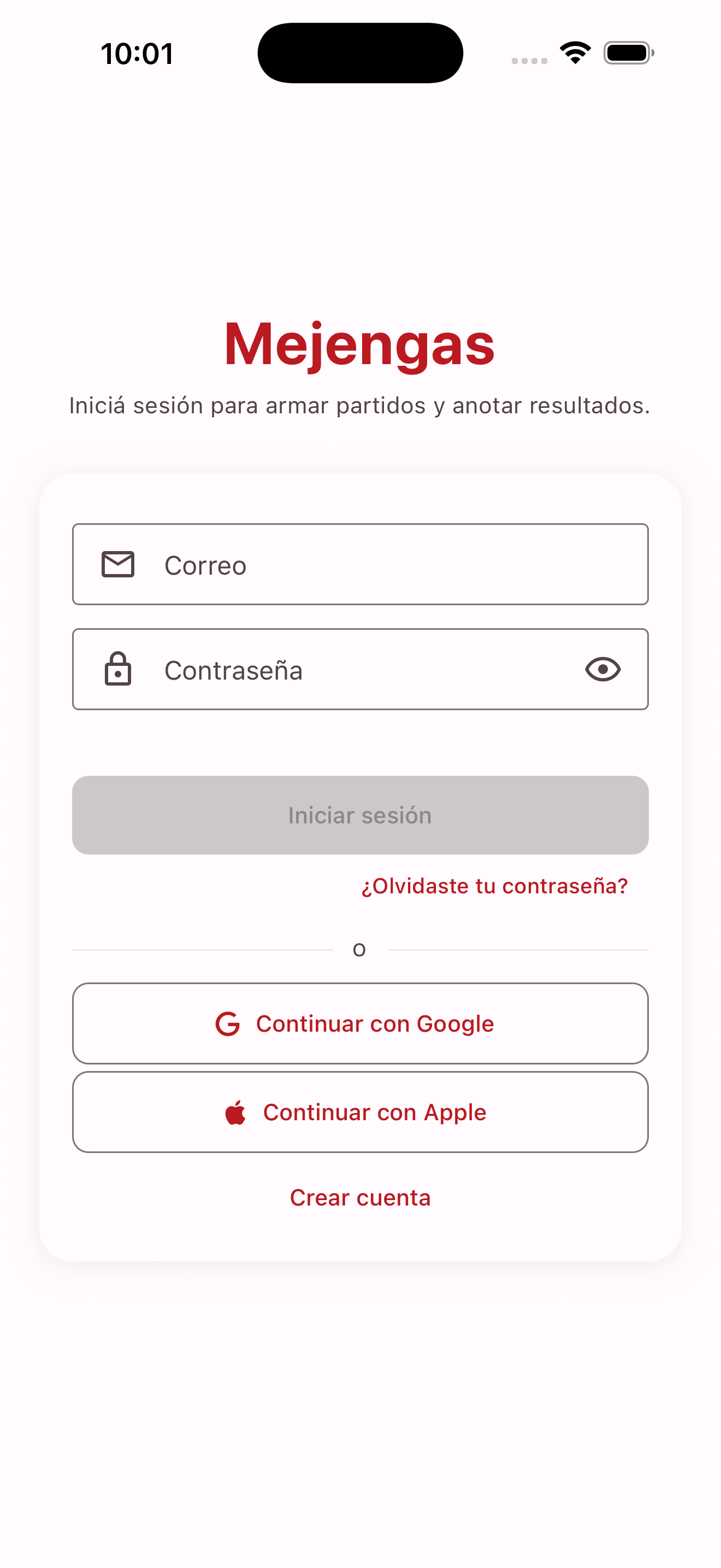 Pantalla de inicio de sesión de Mejenga