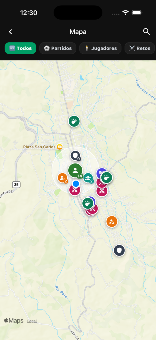 Partidos, jugadores y retos en el mapa cerca tuyo