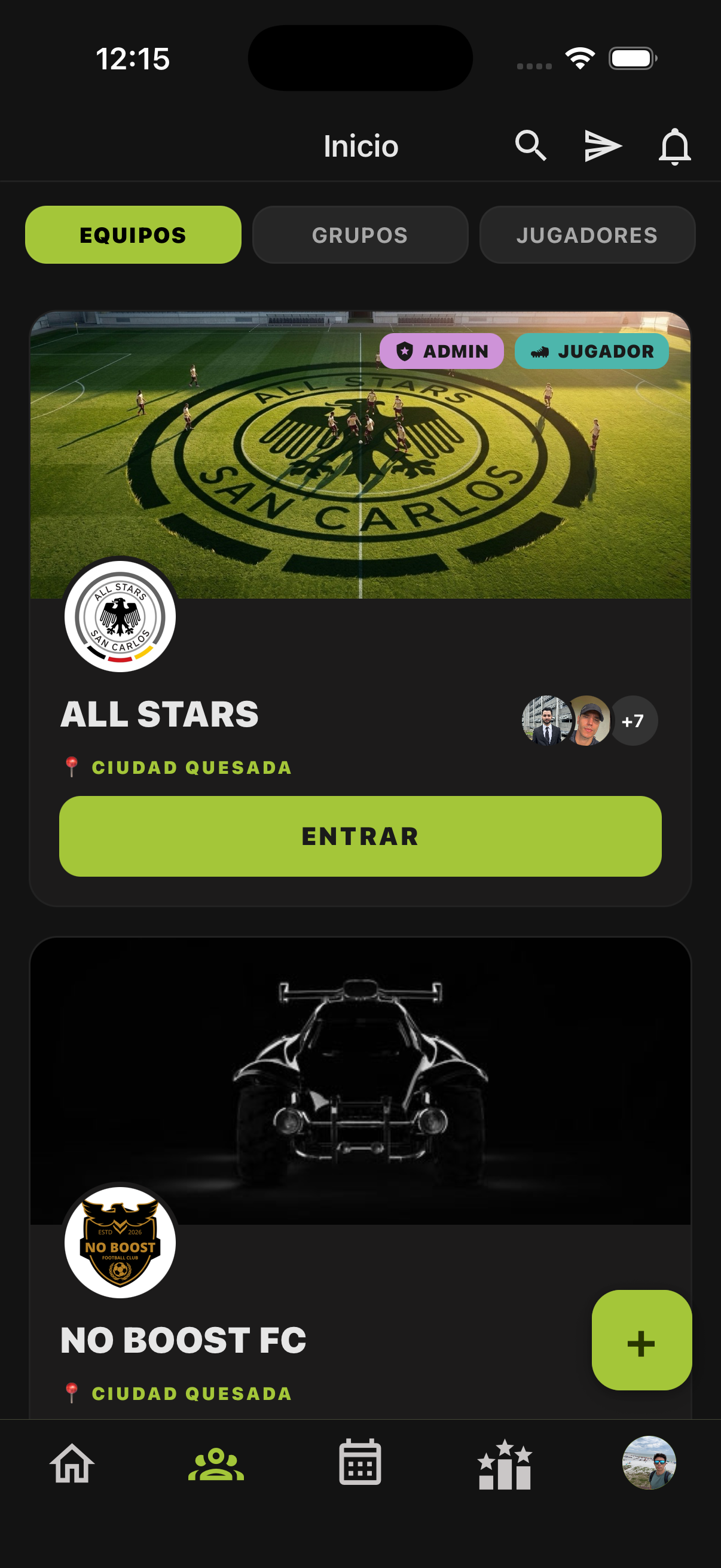 Pantalla de equipos y torneos de Mejenga